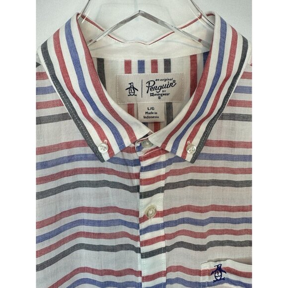 Original Penguin 100% Cotton Mens Striped Red White and Lightweight Shirt Large - Picture 2 of 7